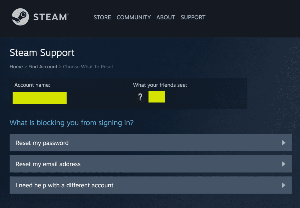 Steam sign in help screen.