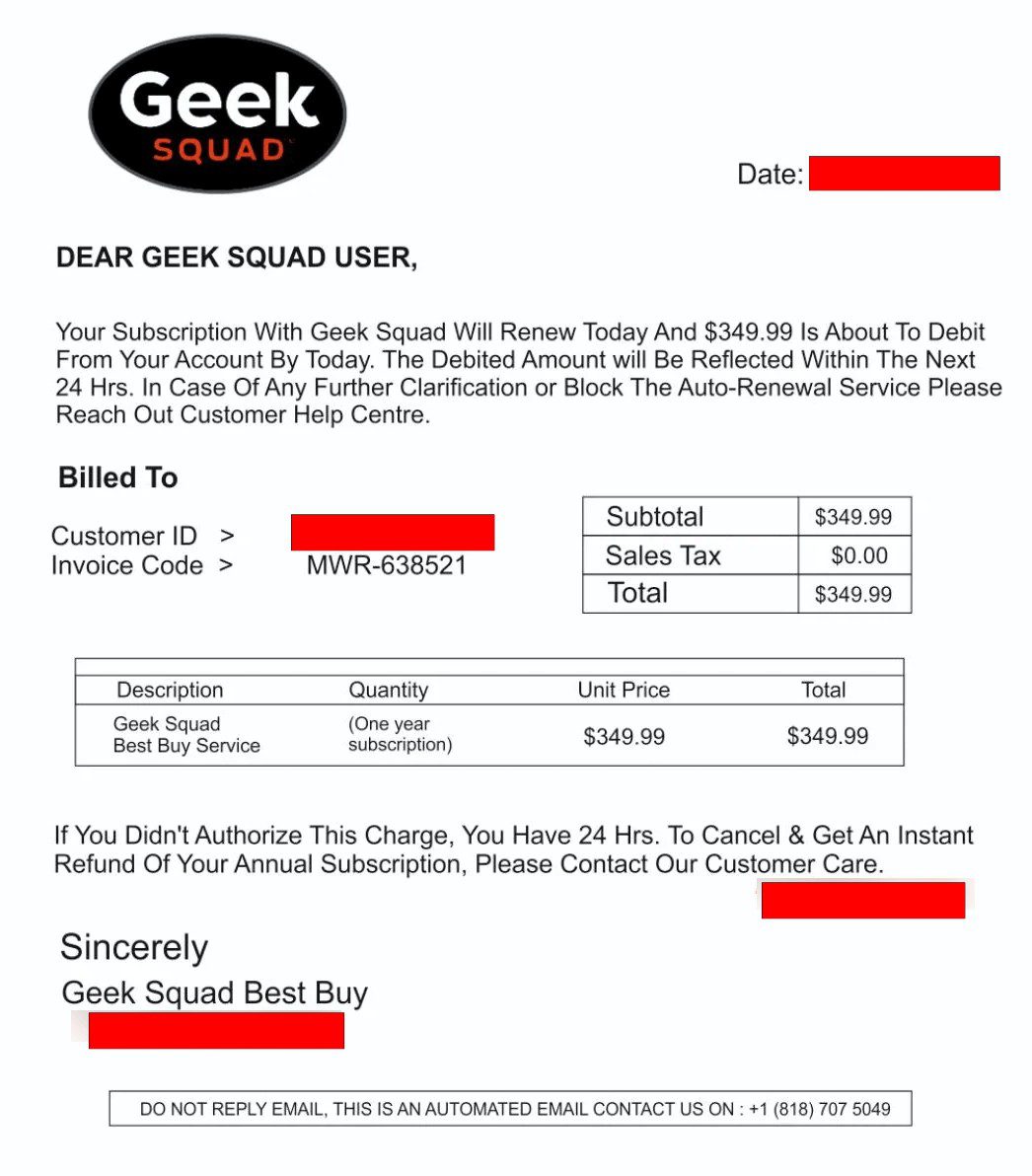 A screenshot of an example of a Geek Squad fake invoice scam.