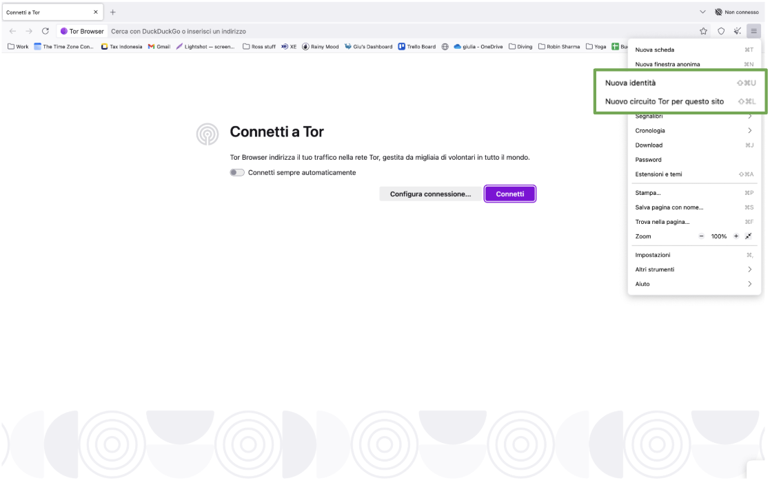 Tor browser application menu with the New identity and New Tor circuit for this site options highlighted.