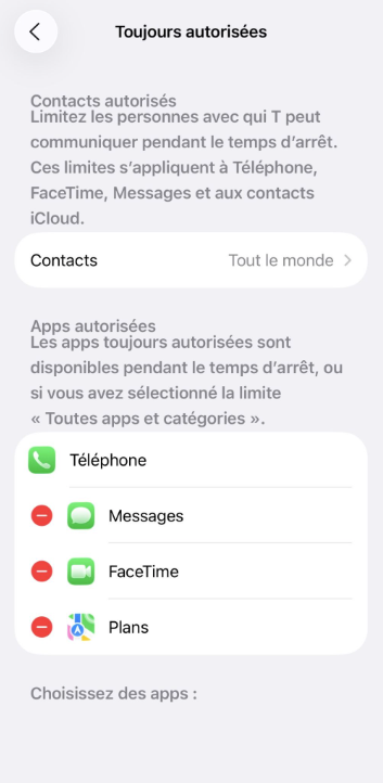 Always Allowed apps screen with selected apps.