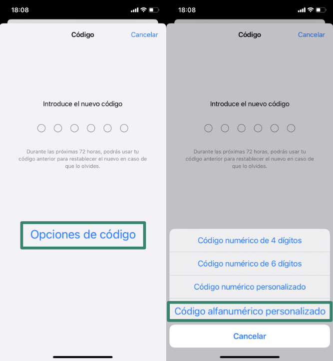 iPhone Change Passcode screen with Passcode Options and Custom Alphanumeric Code highlighted.