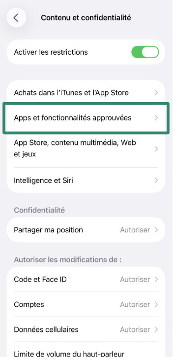 Allowed Apps & Features menu in parental controls.