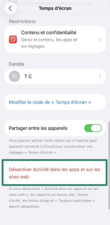Option to turn off App & Website Activity in Screen Time settings.