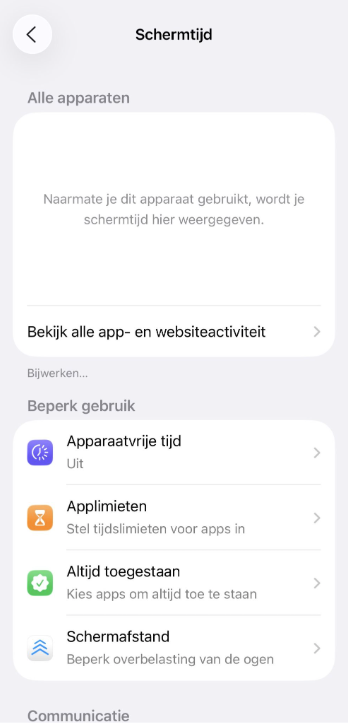 Screen Time dashboard with app and website activity summary.