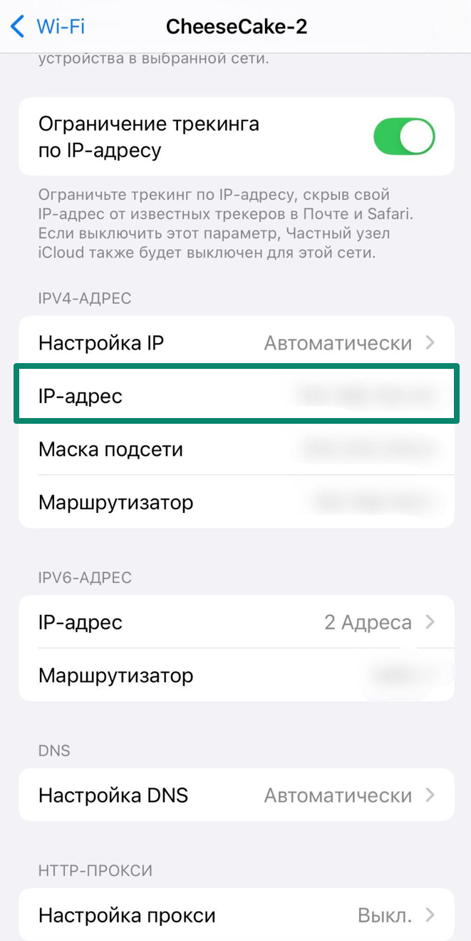 WiFi network options on iPhone with IP address and router info