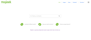 Mojeek search homepage focused on independent, no-tracking results.