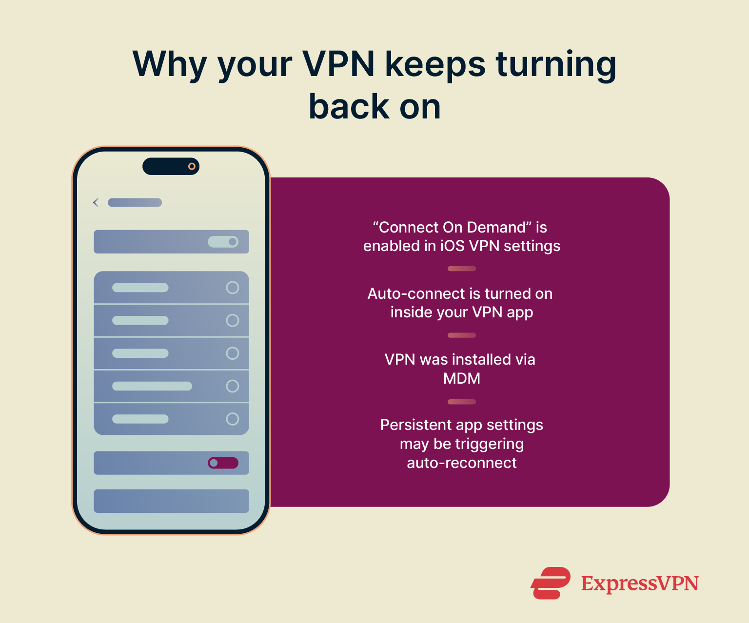 Infographic showing why your VPN might be turning back on on iOS.