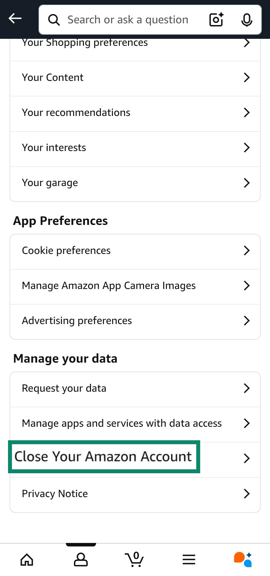 Accessing the Close Your Amazon Account menu on the Amazon app.
