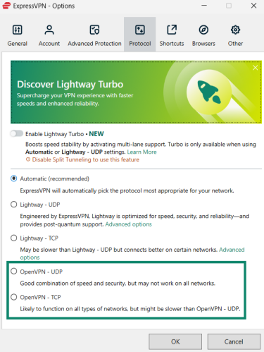Choosing OpenVPN protocol for ExpressVPN on Windows.