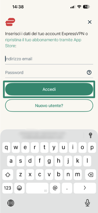 Logging into ExpressVPN using email address and password.
