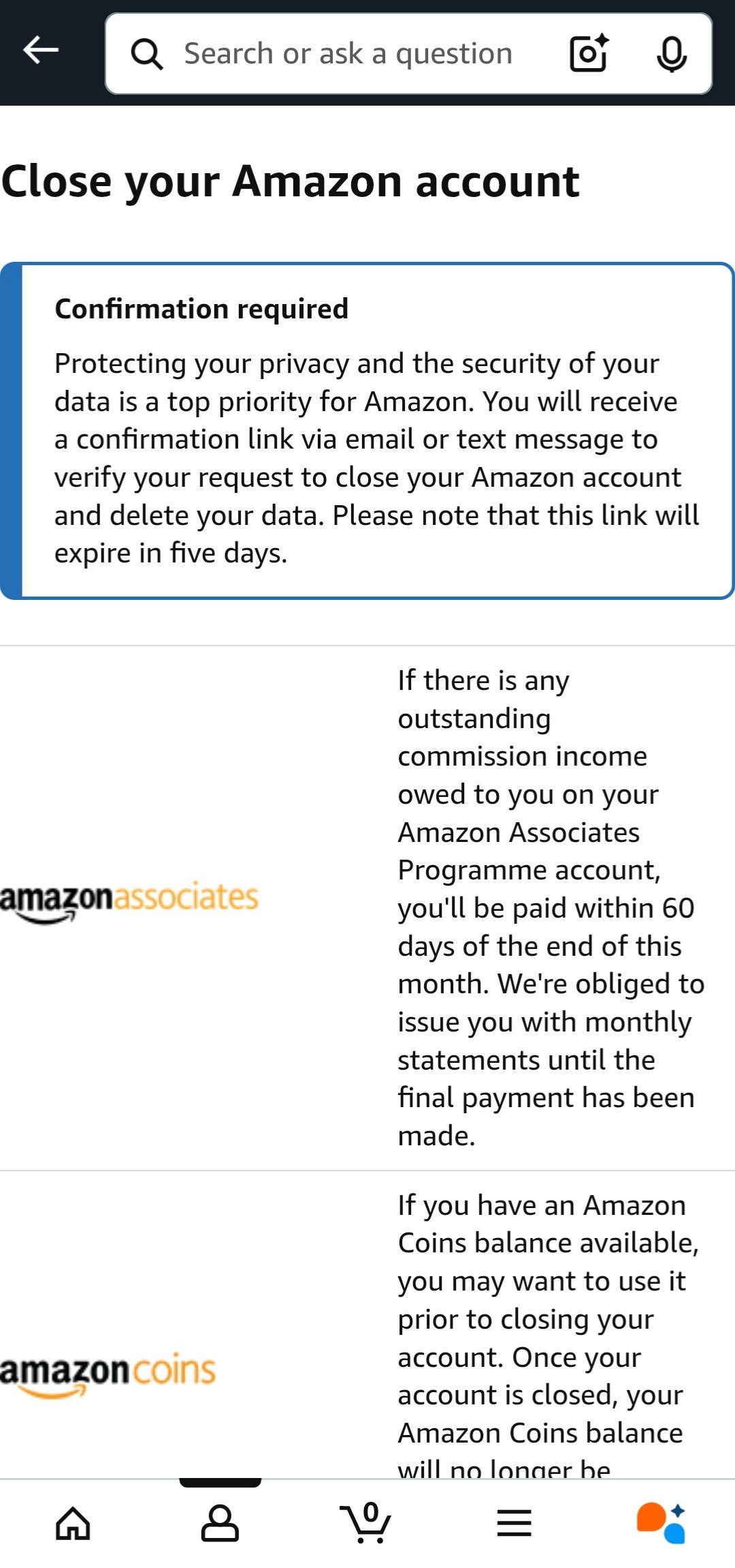 Confirmation email being sent for Amazon account deletion through Amazon app.