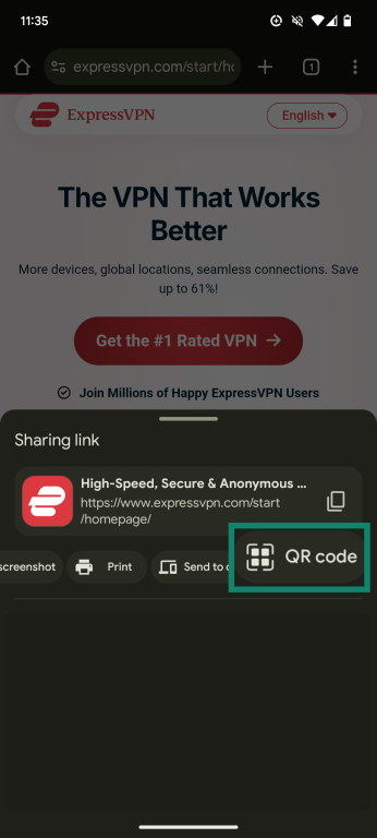 An Android smartphone screenshot, showing the QR code option in the Share menu of the Google Chrome mobile app.