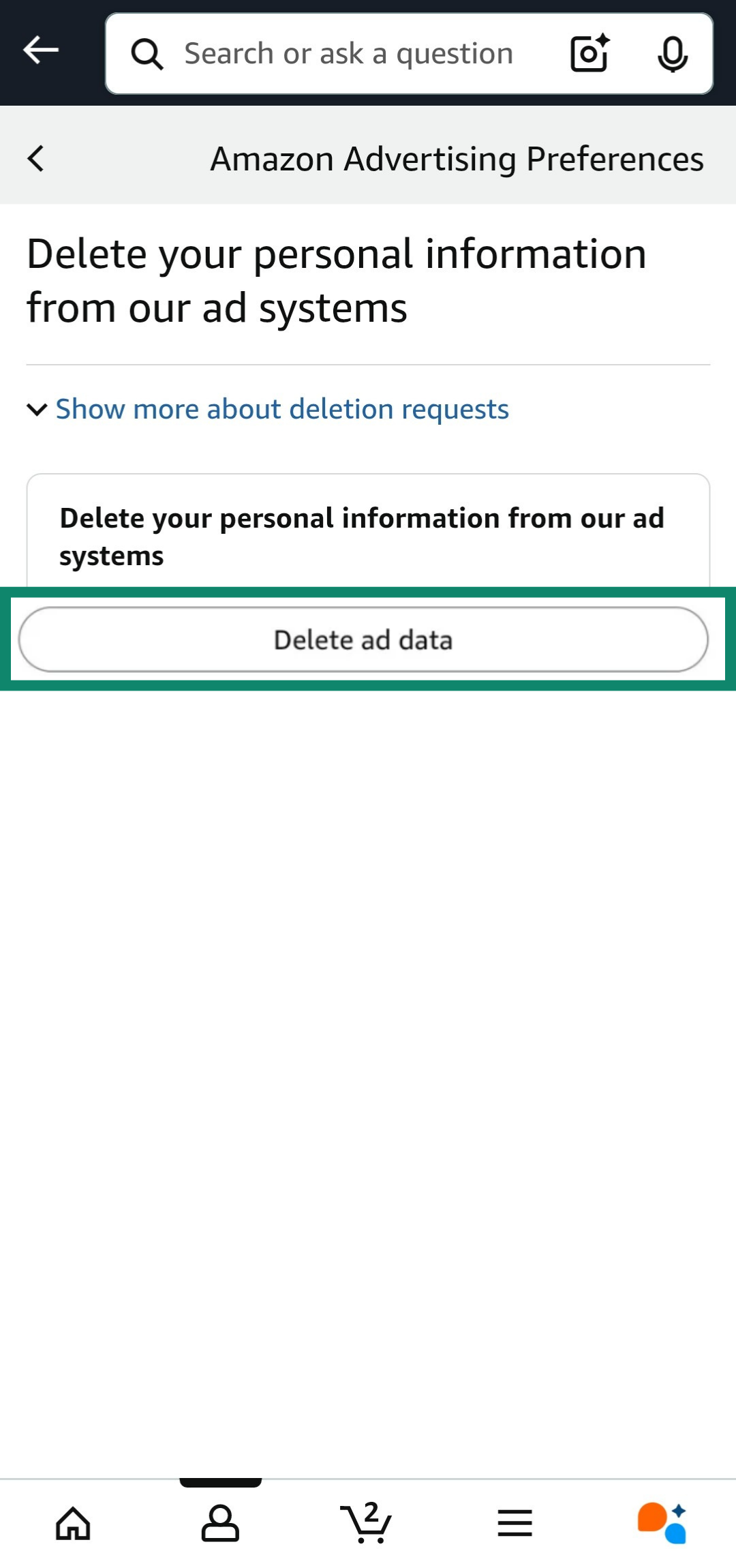 Confirming ad data deletion on Amazon app.