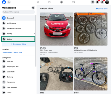The Facebook Marketplace Selling option.