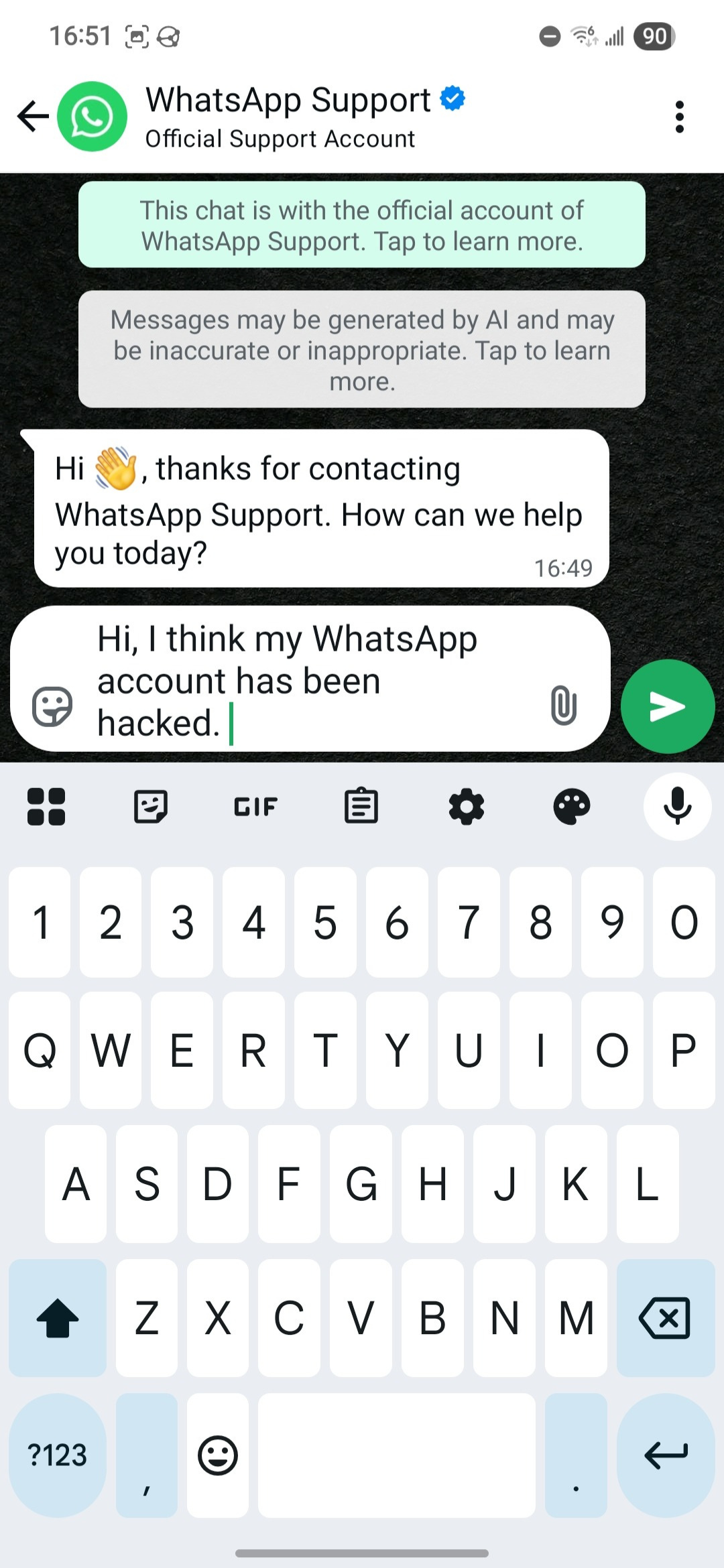A chat with WhatsApp support.