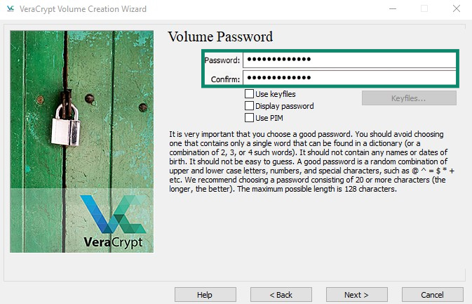 VeraCrypt Volume Creation Wizard Volume Password screen with the password boxes highlighted.