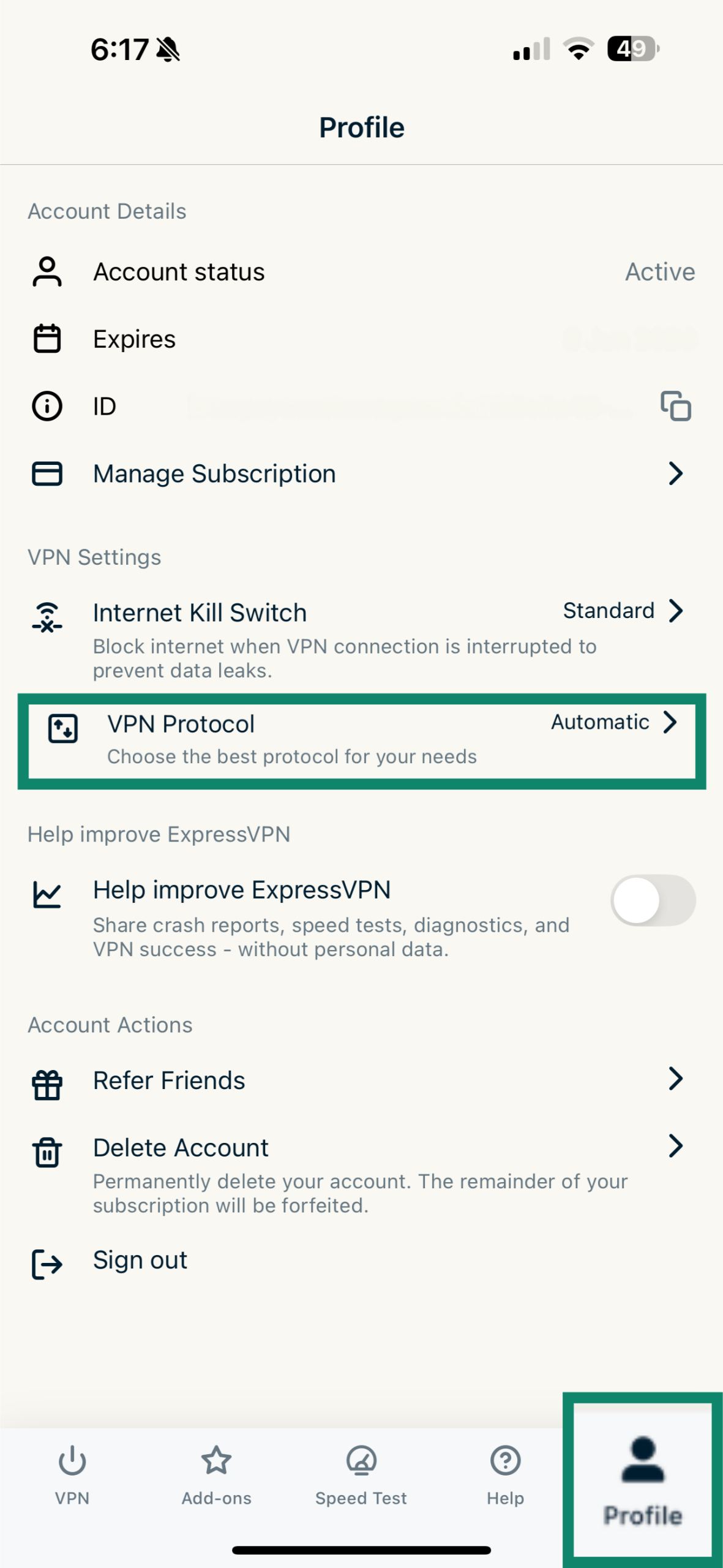 Screenshot of the ExpressVPN app with the “Profile” tab open and “VPN Protocol” option highlighted.