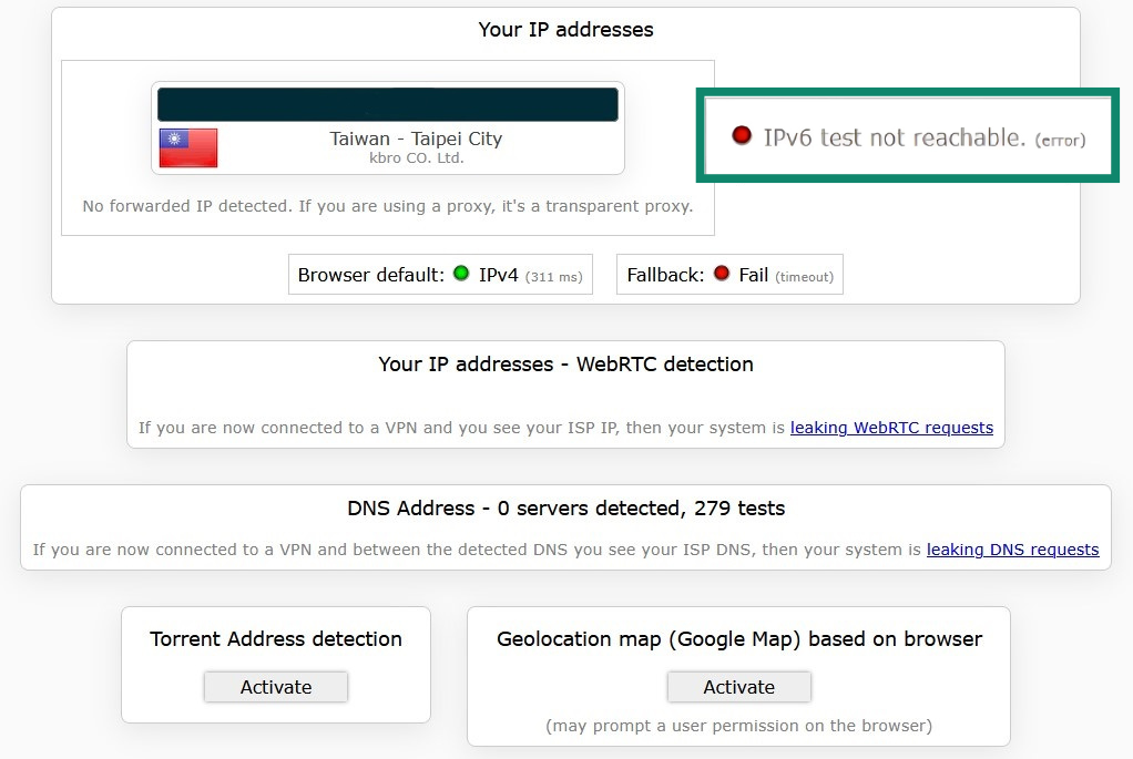 IPv6 leak test results highlighting the fact that no IPv6 address was found.