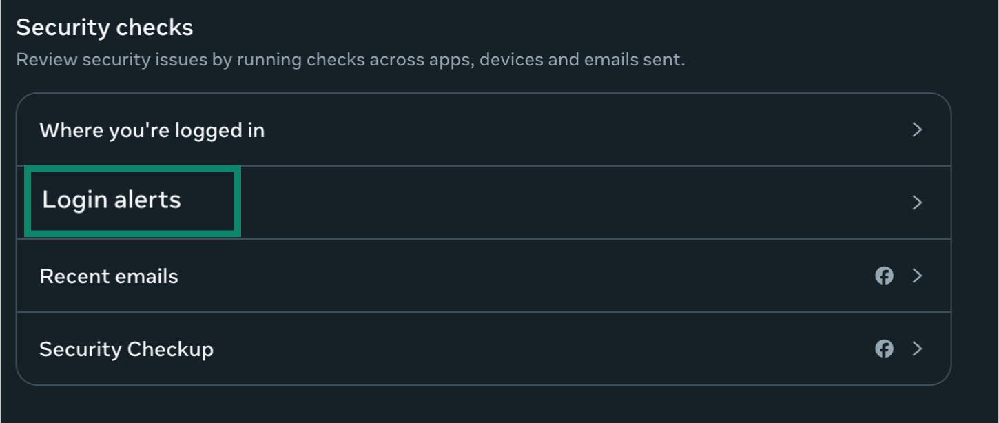 Facebook settings page with Login alerts highlighted.