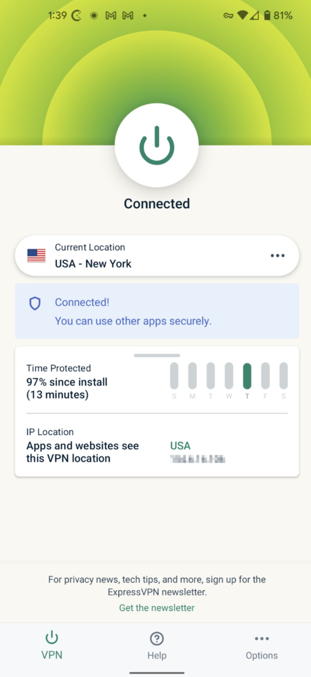 ExpressVPN connected to New York server