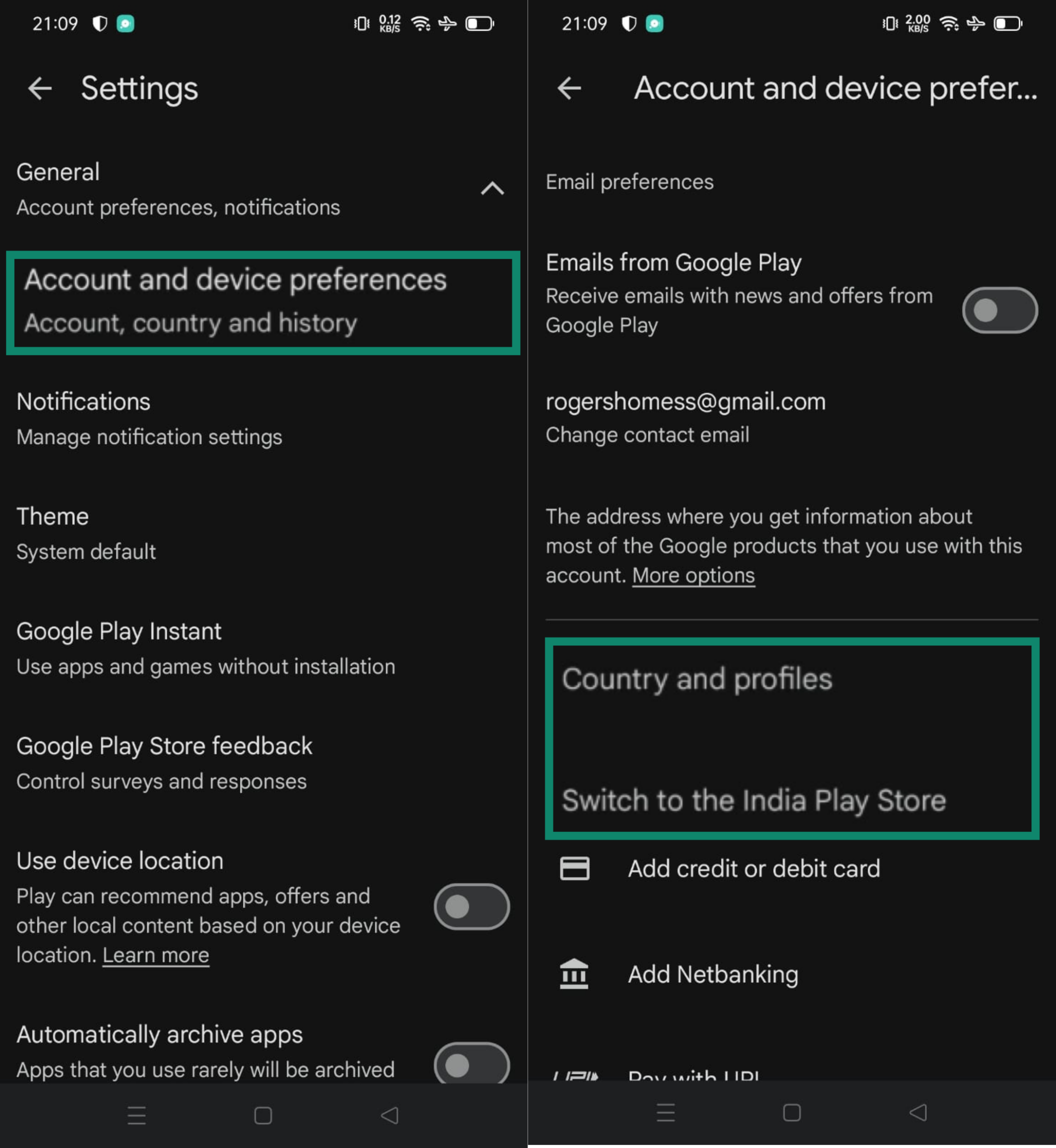 Google account Settings menu with Account and device preferences option highlighted (left) and Google Play Store Country and profiles option (right)