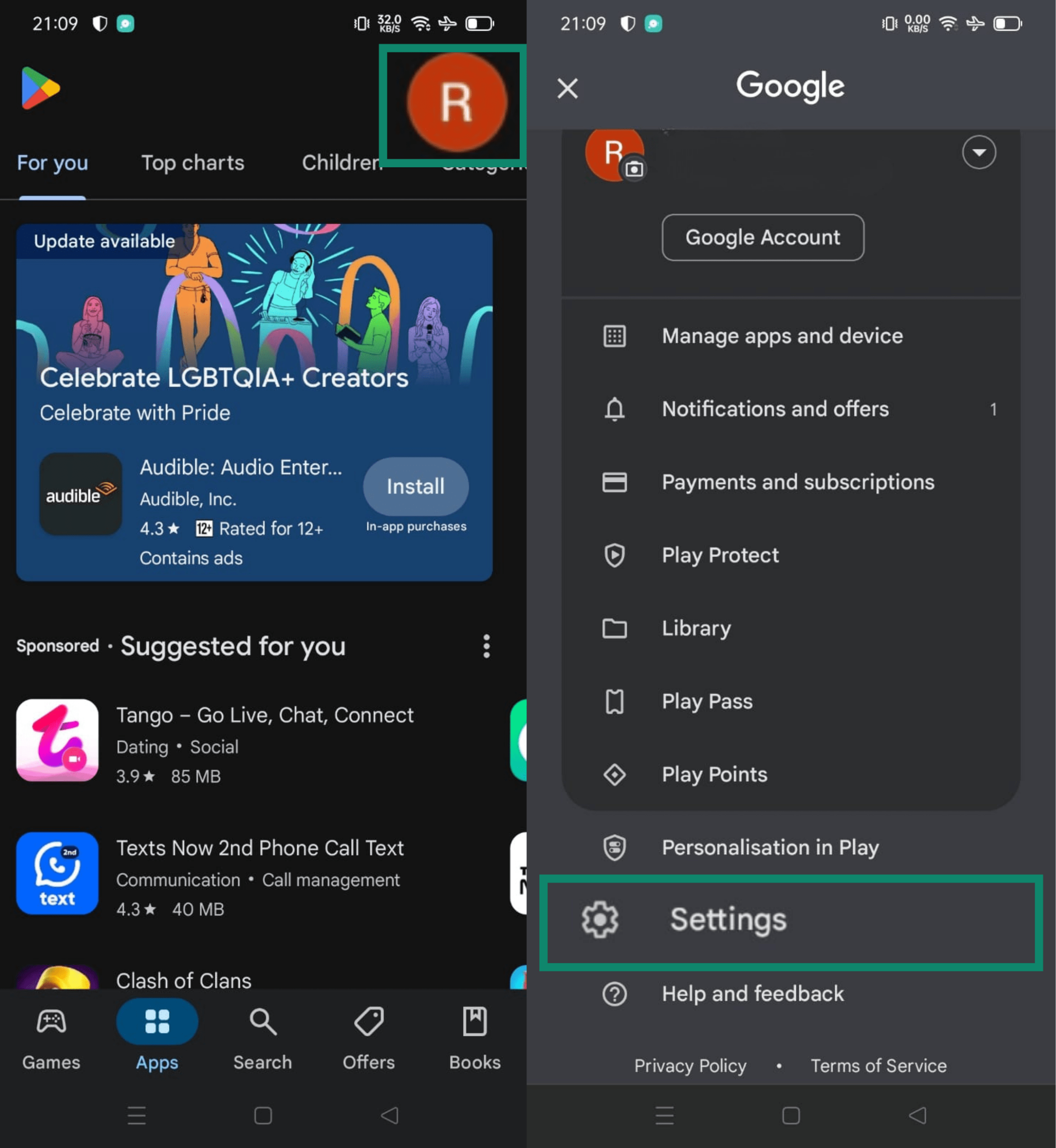 Google Play Store home screen (left) and the Google account menu with Settings highlighted (right)