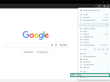 A screenshot of Google Chrome, showing the drop-down menu and the Settings option.