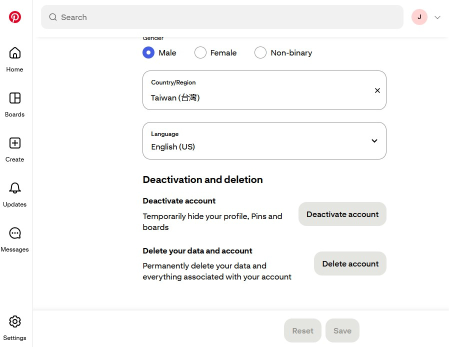 Pinterest Account management tab showing the buttons to deactivate or delete an account.