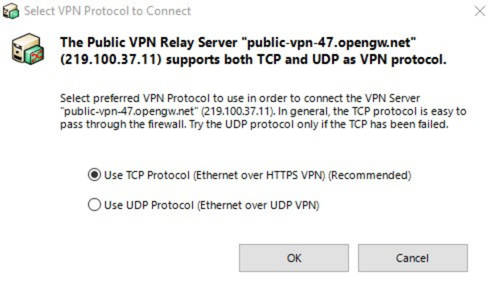 Screen for choosing between the TCP and UDP protocol when connecting to a VPN Gate server with TCP selected.