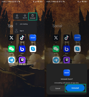 Removing the Zoom app on an Android phone.