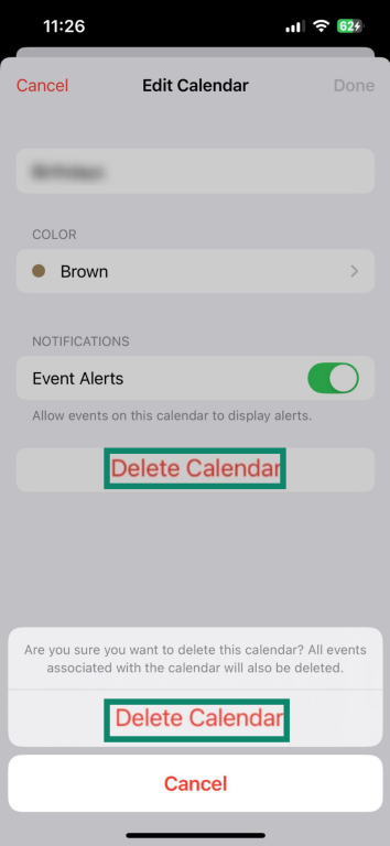 iPhone calendar screen with confirmation to delete a calendar