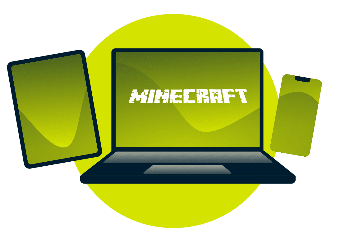 En række forskellige enheder med Minecraft -logoet.