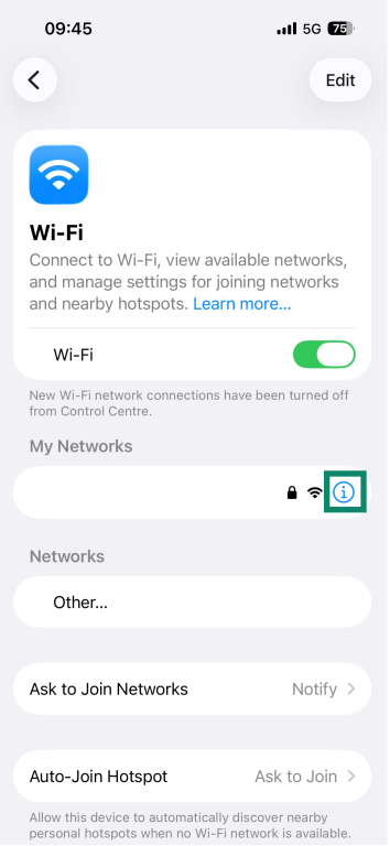 The information icon next to the network name is highlighted.