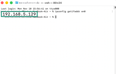 Mac Terminal screen with IPv4 address highlighted.