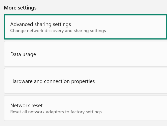 The “More settings” menu in Windows network options, with “Advanced sharing settings” highlighted to be selected.