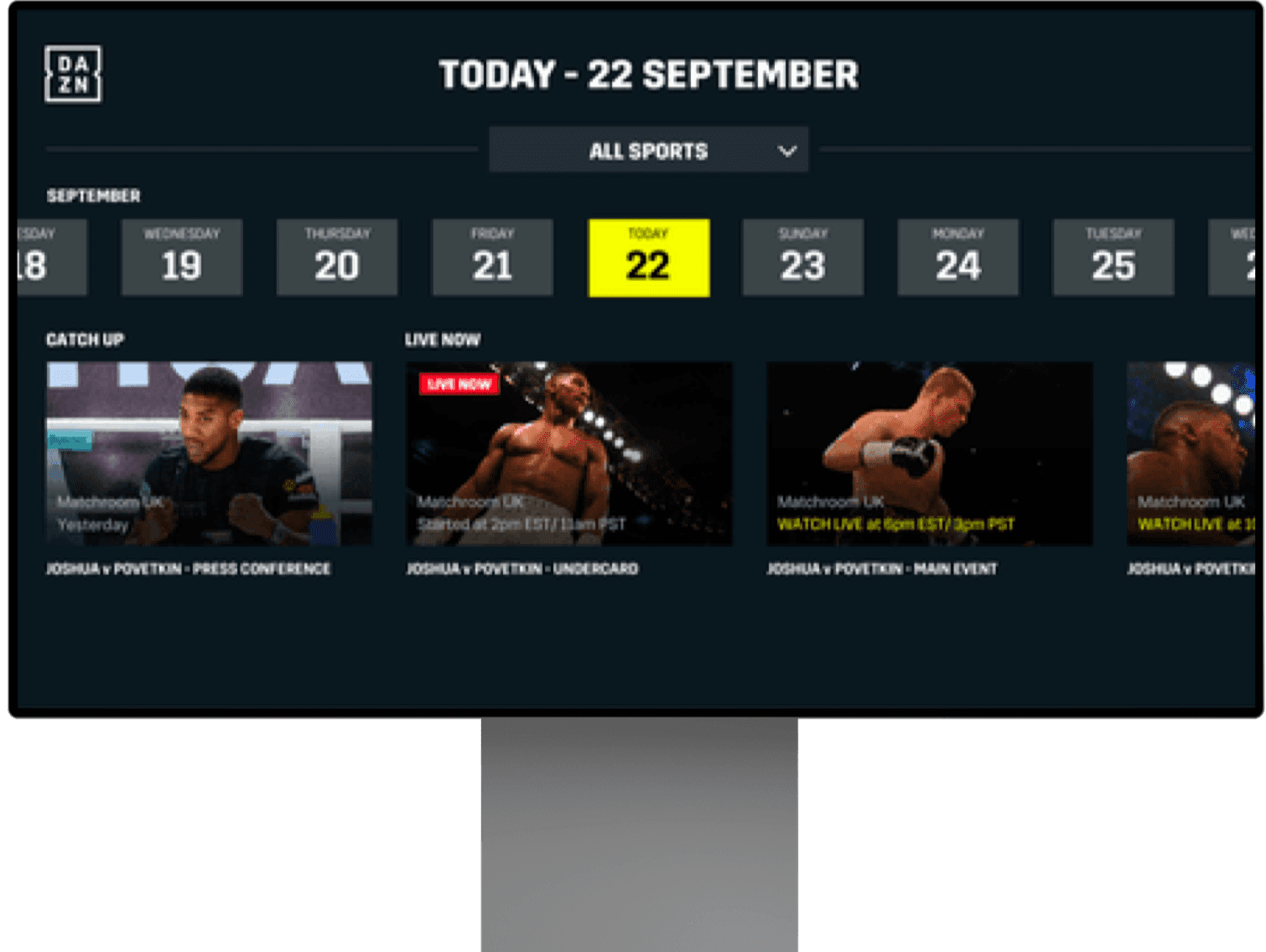 DAZN på en dataskjerm.