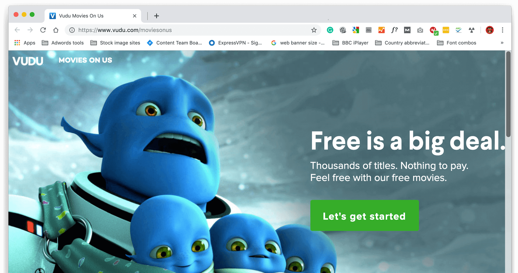 Vudu'nun web sitesinde Movies On Us bölümünü gösteren bir ekran görüntüsü.