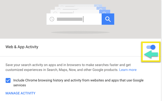 Schermata Web e attività di Google, che evidenzia come attivare la "sospensione.&quot;