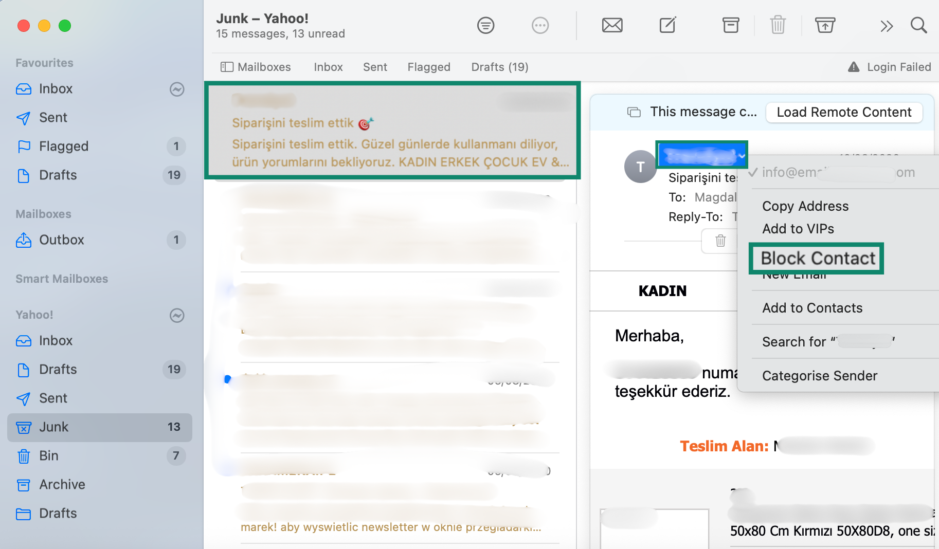 Blocking contacts in the Apple Mail.