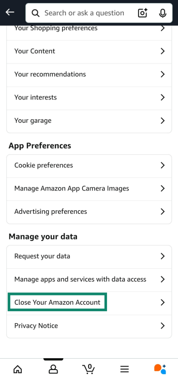 Accessing the Close Your Amazon Account menu on the Amazon app.
