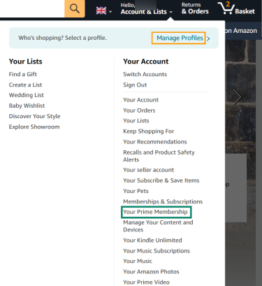 Accessing Prime membership details on Amazon website.