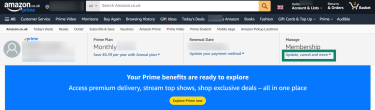 Accessing Prime membership management menu on Amazon website.