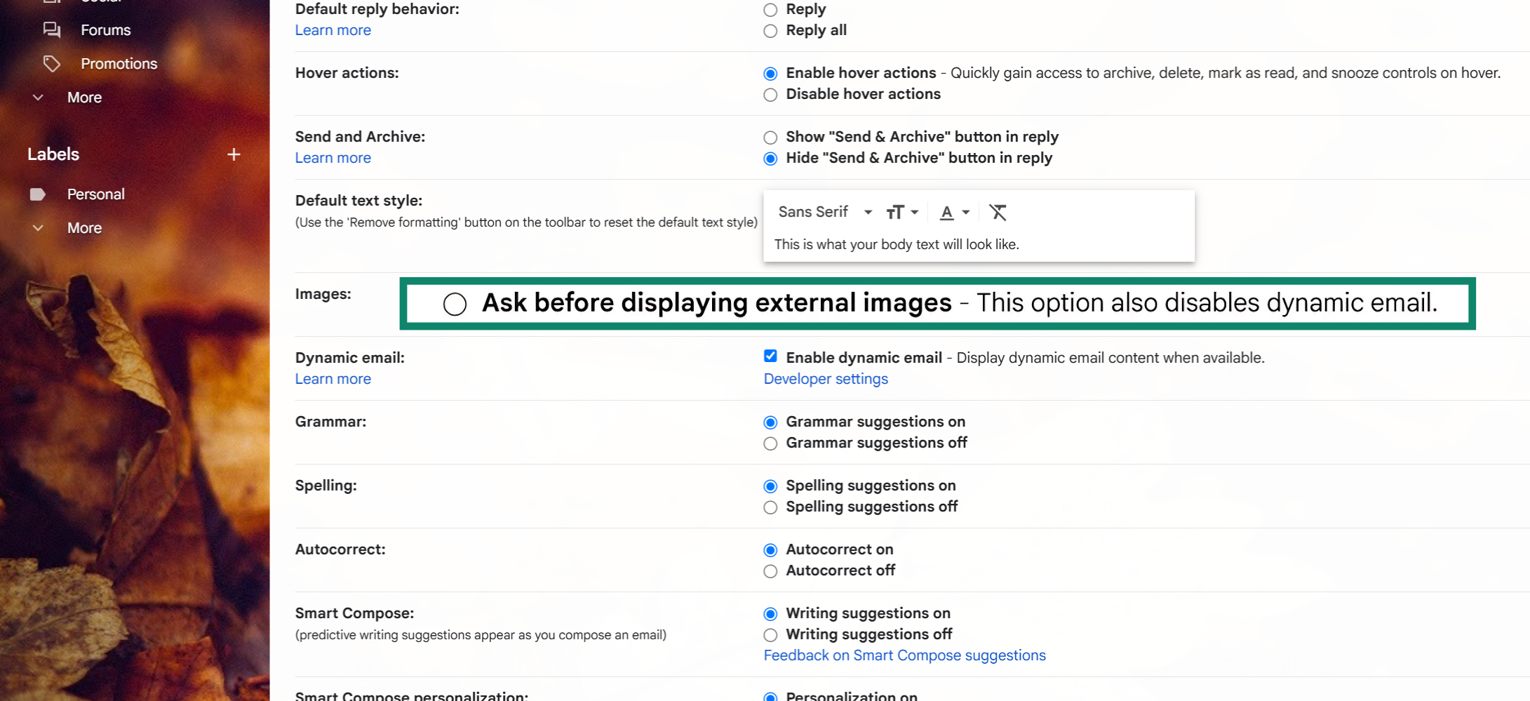 Gmail settings page showing how to enable the “Ask before displaying external images” option.