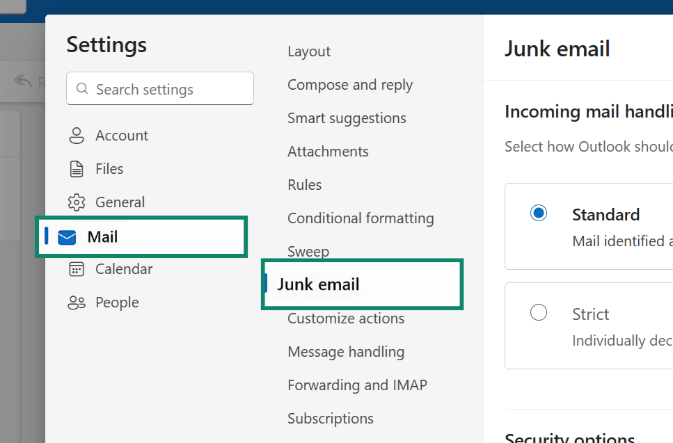 Outlook menu showing how to access Junk email settings.