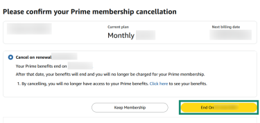 Final confirmation from Prime membership cancellation on Amazon website.