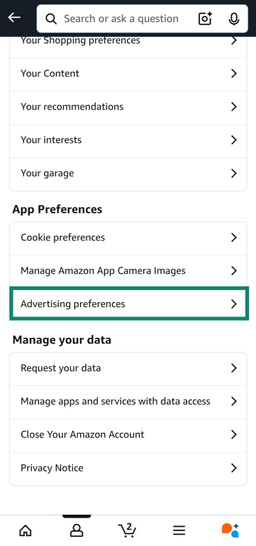 Accessing advertising preferences on the Amazon app.