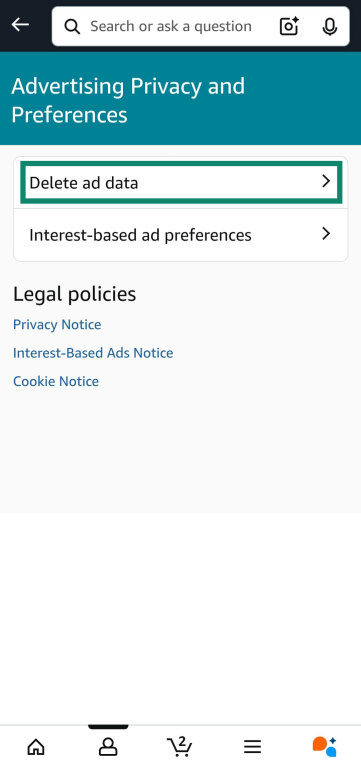 Deleting ad data using the Amazon app.