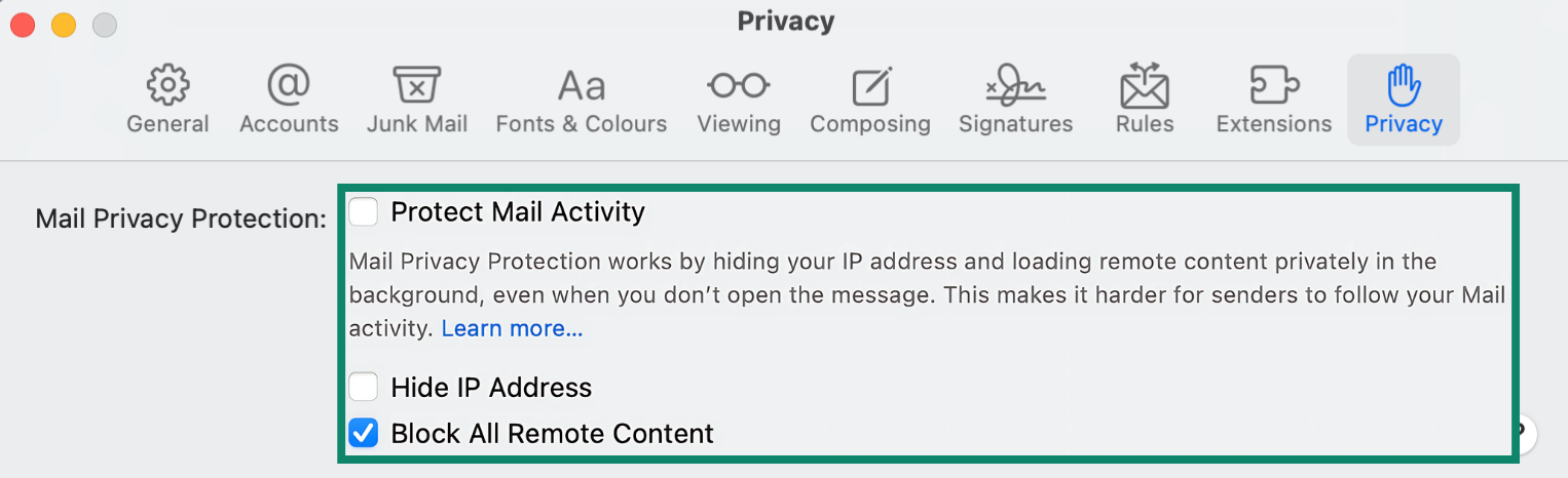 Apple Mail Privacy settings.