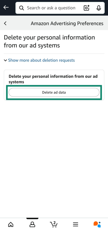 Confirming ad data deletion on Amazon app.