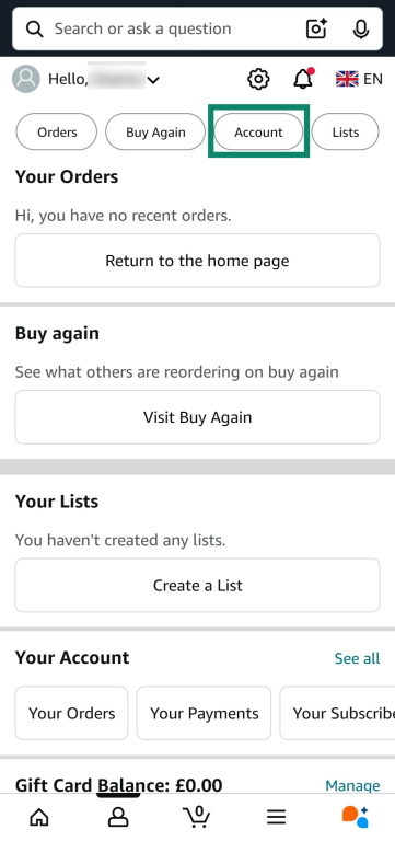 Accessing the Account menu on Amazon app.